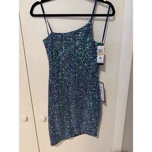 City Studio Blue Sequin Body‎ Con One Shoulder Dress Short Blue Size Small
